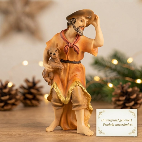 Handbemalte Krippenfigur Hirte mit einem Hund, ca. 10 cm, K 909-11